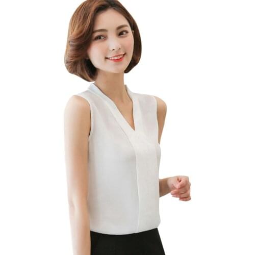 Women Summer Blouses Office Work Wear V Neck Chiffon Shirts 2021 Fashion Sleeveless Chiffon Summer Casual Tops Vetement Femme