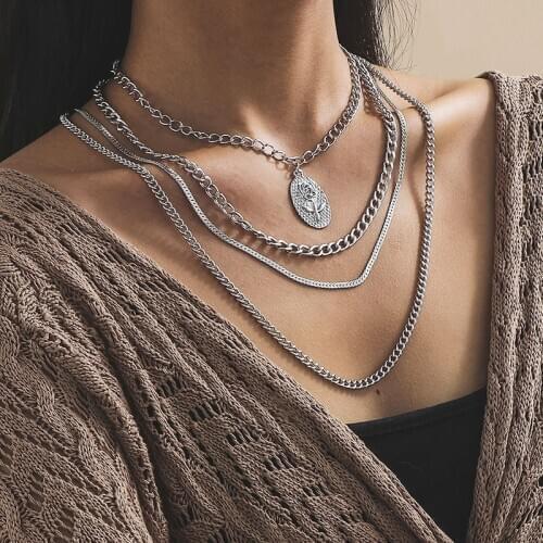 Vintage Multilayer Chains Rose Flower Pendant Necklace Women Punk Alloy Thick Chains Geometric Clavicle Necklaces Jewelry Kolye