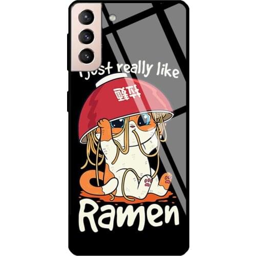 Kawaii Anime Cat Otaku Ramen Noodles Tempered Glass Case For Samsung Galaxy S21 Ultra S20 FE S8 S9 S10 Note 10 Plus Note 20