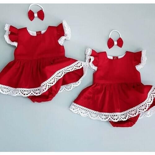 Infant Newborn Baby Girls Rompers Christmas Baby Girls Costumes Lace Ruffles Red Jumpsuit Playsuit Princess Baby Clothes