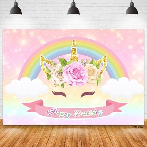 Custom Name Photography Backdrops For Baby Child Girl Photocall Unicorn Clouds Rainbow Flowers Happy Birthday Party Backgrounds