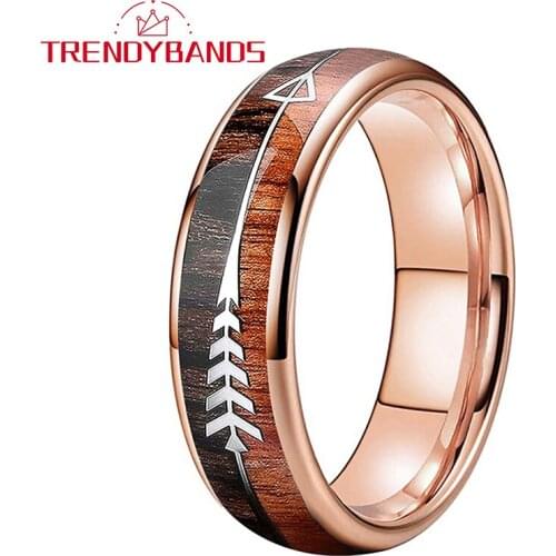 6MM Rose Gold Tungsten Rings For Men Women Wedding Band Wood Arrow Inlay Domed Poliahed Shiny Fashion Jewelry