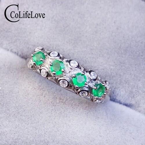 CoLife Jewelry 925 Silver Emerald Ring 4 PCS Natural Colomiba Emerald Silver Ring Fashion Silver Emerald Jewelry Gift for Girl
