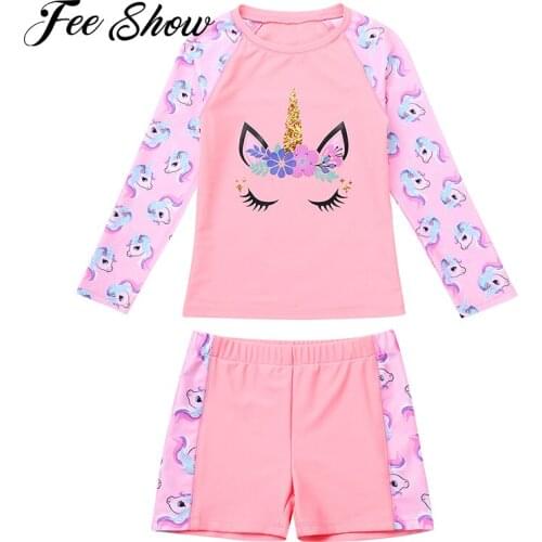 2PCS Kids Girls Swimwear Round Neck Long Sleeves Cartoon Print Top Boyshorts Set Beach Sunprotection Bathing Suits Swimsuits