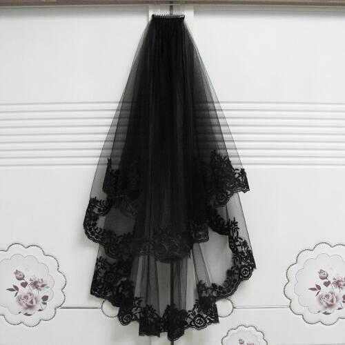 Edge Lace Black Wedding Veils With Comb Two Layers Short Bridal Veil Tulle Embroidery Wedding Accessories veu de noiva LT017