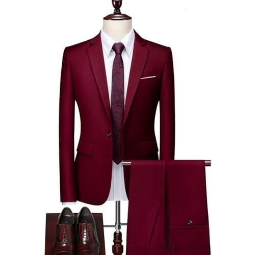 Jacket+Pants)Fashion Mens Suits Business Casual Solid Suits Fall and Winter Male One Button Blazers Jacker Coat Trousers Pants