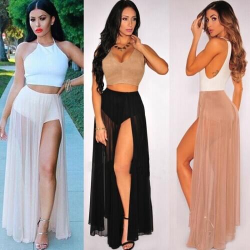 Summer Sexy Women Chiffon High Waist Beach Cover Ups Skirts Female Beach Wrap Maxi Thigh Slit Split Bodycon Club Flare Clothes