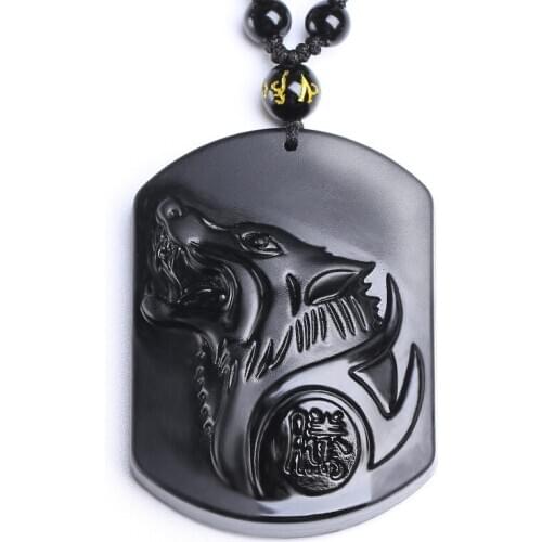 Men Necklace Pendant Black Obsidian 3D Carved Wolf Totem Wolf Head Pendant Free Chain Gift for Female Fine Jewelry