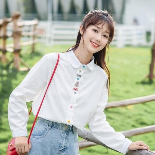 2020 autumn new preppy style cartoon embroidery blouse loose long sleeve polka dot print shirt mori girl tops japanese style