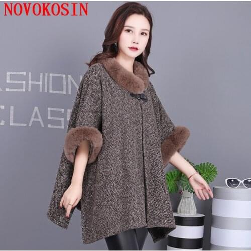 7 Color Women Big Pendulum Cardigan Cloak Winter Thick Faux Rabbit Fur Neck Coat 2021 Batwing Sleeve Horn Buckle Long Poncho