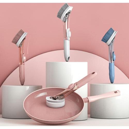 Plastic Long Handle Refillable Sponge Dishwashing Brush Automatic Liquid Adding Bowls Kitchen Cleaning Brush