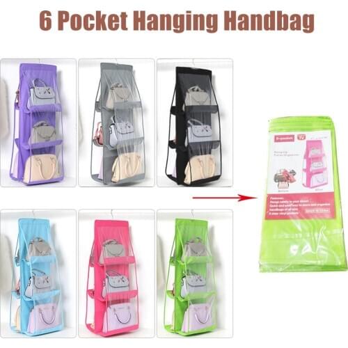 6 Pocket Hanging Handbag Organizer for Wardrobe Closet Transparent Storage Bag Door Wall Clear Sundry Shoe Bag with Hanger Pouch