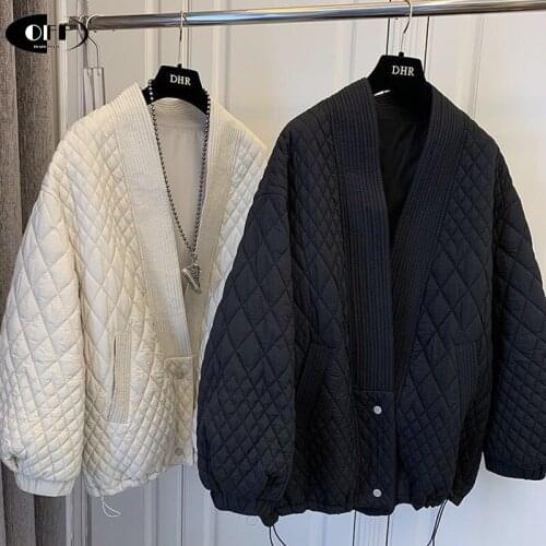 Diamond Plaid Casual Cotton Coat V Neck Long Sleeve Loose Hem Drawstring Adjustable Warm Womens Casual Jackets Outweat Winter