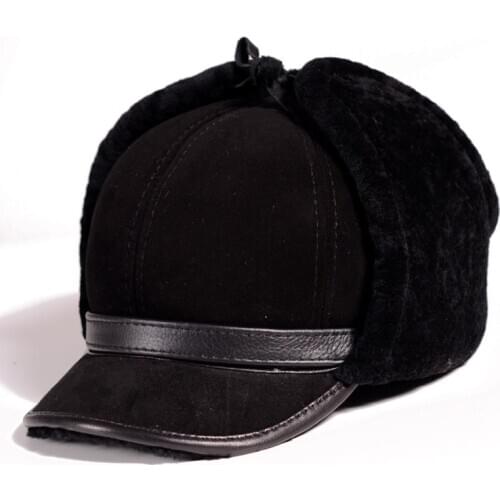 RY981 Luxury Winter Man Real Leather Full Wool Goat Fur One Bomber Hats Male Fleece Warm Caps Brown/Dark Blue Motocycle Bonnet