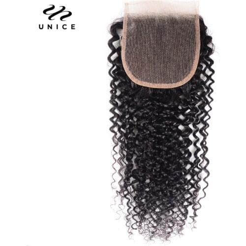 UNice Hair Kinky Curly Closure 4*4 Free Part 100% Remy Human Hair Bundles 10-20 inch Swiss Lace Closure Natural Color