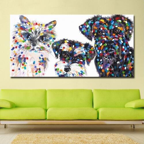 Wlong Printing Oil Painting Colors Cat With Dogs Wall Art Picture Home Decor Living Room Modern Canvas Print No Frame Paintings