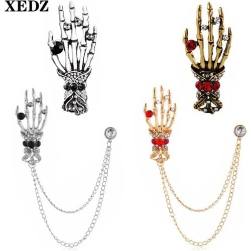 XEDZ Gothic Classic Skeleton Hand Jewelry Horror Enamel Brooch Metal Chain Suit Pendant Fashionable Ancient Hand Hanging Pins