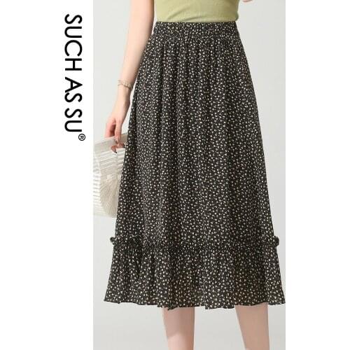 SUCH AS SU Korean Fashion Womens Summer Skirts Elastic High Waist S-3XL Floral Chiffon Black Pleated Mid-Long Skirt 5860
