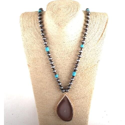 RH Fashion Boho Jewelry Gray 10mm CCB Long Knotted With Gray Ag Pendant Necklaces Women Bohemia Necklace