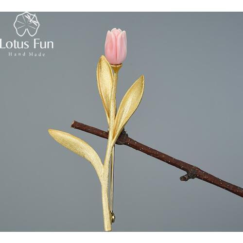 Lotus Fun Eternal Love Tulip Flower Brooches Real 925 Sterling Silver 18K Gold Handmade Design Fine Jewelry Best Gift for Women