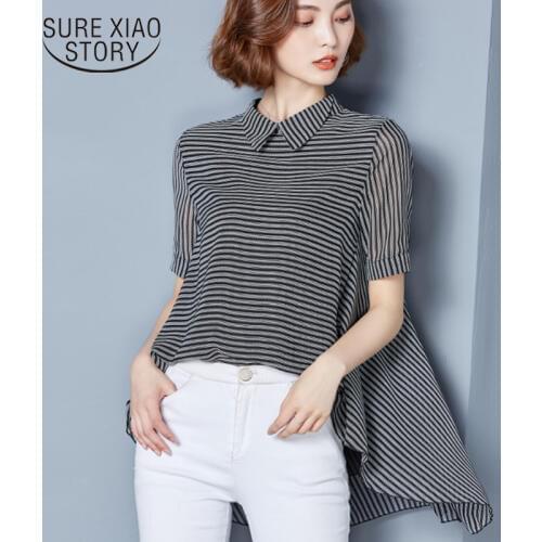 Female Short Sleeve Loose Striped Chiffon Shirts Women Shirts 2021 Spring Summer Korean Peter Pan Collar Lapel Blouses 7514 50