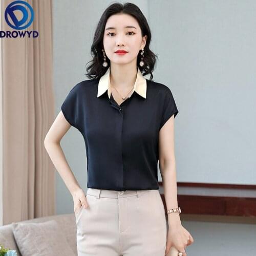 2021 Korean Fashion Silk Women Blouses Satin Solid Short Sleeve Pink Office Women Shirts Plus Size XXXL Womens Tops and Blouses