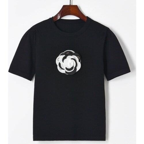 Knitted T Shirt Women 2021 Thin Summer Tops Fashion Knitwear 3D Appliques Round Neck Short Sleeve Black Tshirt White Tops