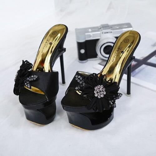 Satin Diamond Chiffon Flower High Heels Platform Hollow Summer Ladies Party Pumps Shoes 15cm Super High Heel Women Sandals