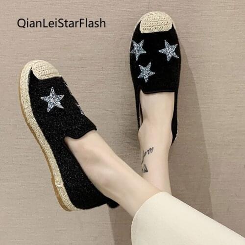 Women Loafers Straw fisherman Shoes Star Slip on Flat Shoes Woman Flats Bling Boat Shoe 2021 Spring Autumn zapatos mujer