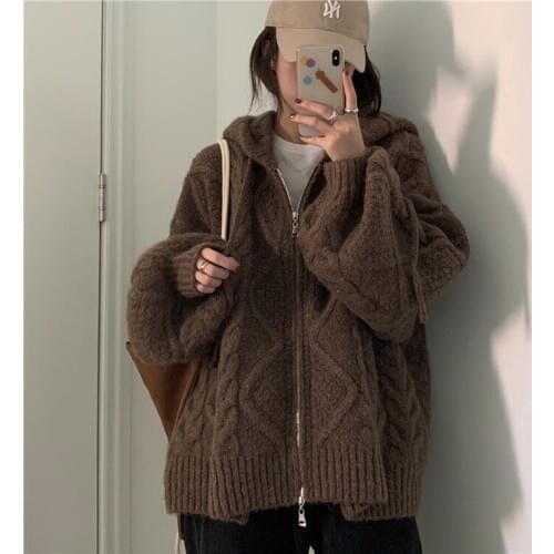 Woman Sweaters Autumn Winter Twist Zipper Hooded Sweater Coat Knitted Cardigan Jacket Oversized Long Lantern Sleeve Outwear