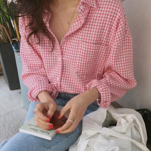 Women Spring Summer Shirts Cardigan Casaul Pink Plaid Shirt Women Long Sleeve Loose Blouse Fashion Ladies Tops Blusas 10966