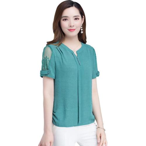 Women Spring Summer Style Chiffon Blouses Shirts Lady Casual Short Lace Sleeve O-Neck Blusas Tops K62