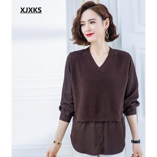XJXKS Fashion V-neck women stitching sweater 2021 spring autumn new high-quality wool knitted stitching top women pullover
