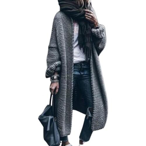Women Winter Long Sleeve Knitted Open Front Sweater Cardigan Mid-length Coat
