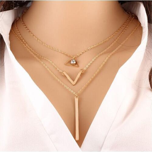Multi layer gold color necklace for women fashion hot sell crystal geometric statement maxi wholesale jewelry pendant necklaces