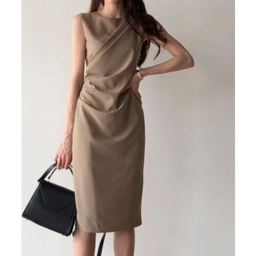 2020 Summer Elgant Korean Office Dress Women Sexy Sleeveless Bodaycon Wrap Vestido Female Sliod Color OL Straight Dresses Female