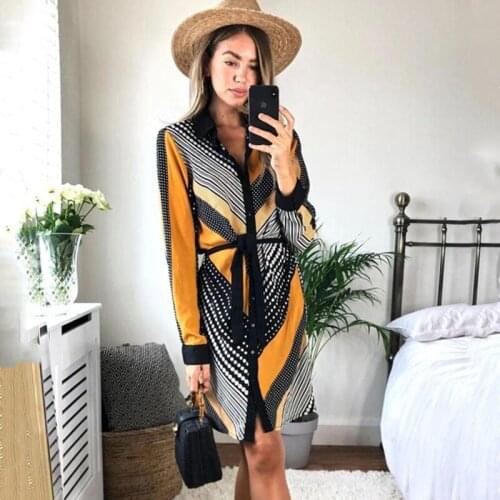 Robe Autumn Polka Dot Striped Print Mini Night Dress For Women Long Sleeve Belt Office Dress Party Elegant Midi Dress Vestidos