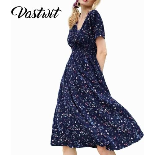 Womens V Neck Floral Midi Chiffon Dresses Summer Casual Boho Short Sleeve Swing Dress