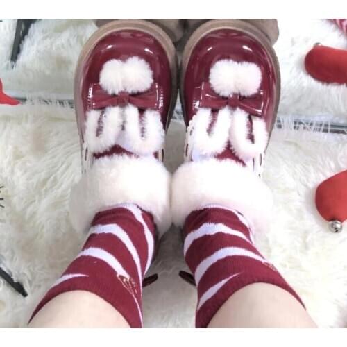 Winter kawaii girl sweet lolita shoes rabbit ears vintage round head plus cashmere keep warm women shoes cute bowknot kawaii cos