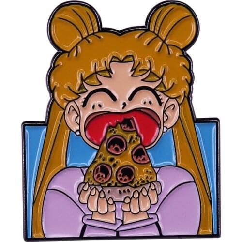 Anime Sailor Moon Usagi Tsukino Eat Pizza Enamel Pin Brooch Backpack Lapel Funny Badge