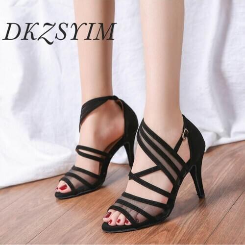 DKZSYIM women Latin Salsa Dance shoes elegant Party Dancing Shoes net female latin ballroom shoes Multiple Heel Height 6-10