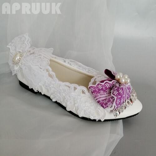 Ladies girls lace flats shoes white purple crystal rhinestones bridal bridesmaid plus size slip on wedding flats shoe bride