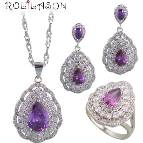 Purple Zircon Zirconia Water drop Fashion jewelry Silver filled 925 stamped Jewelry Sets Earrings Necklace rings JS696