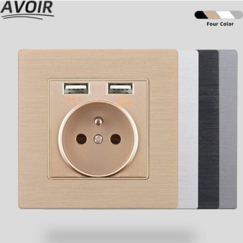 Avoir Wall Electrical Outlets Aluminum Brushed Panel FR French Standard Plug Socket With Double USB Ports 2.1A For Home 220V 16A