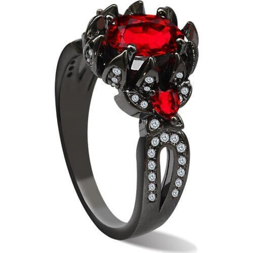 Hainon 2019 Fashion Red Round Zircon Flower Rings for Women Elegant Black Gold Color Rings Stone Christmas Jewelry Gifts anillos