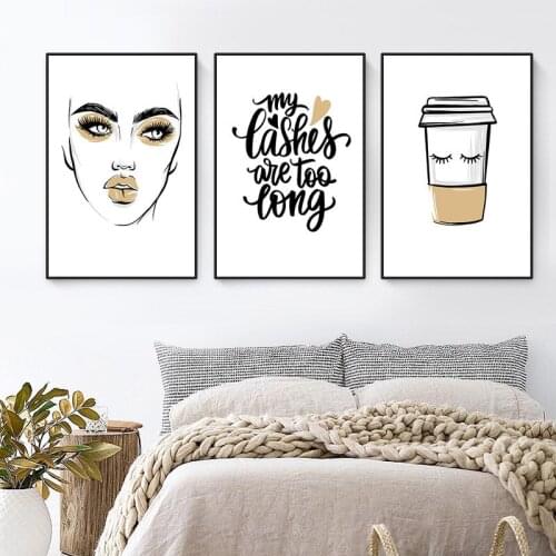 Gold Girl Wall Canvas Painting Coffee Cup Eyelash Quote Art Picture Makeup Print And Poster For Girl Bedroom Home Decor HD2968