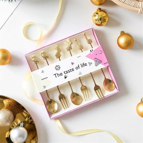 4/6pcs Fork Spoon With Gift Box Stainless Steel Animal Shap Coffee Spoon Ice Cream Soup Sugar Dessert Fruit Fork Mixing Stirrer