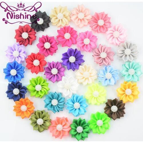 Nishine 120pcs/lot Multi Petal Mini Satin Rosette Pearl Button Centered Rose Flower Newborn Headband Hair Clip Diy Accessories
