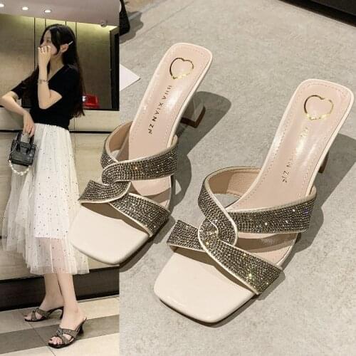Fashion Outdoor Office Modern Slippers for Women Cross Bling Crystal Sexy Ladies Shoes High Heels Plus Size Sandals 2021 Summer