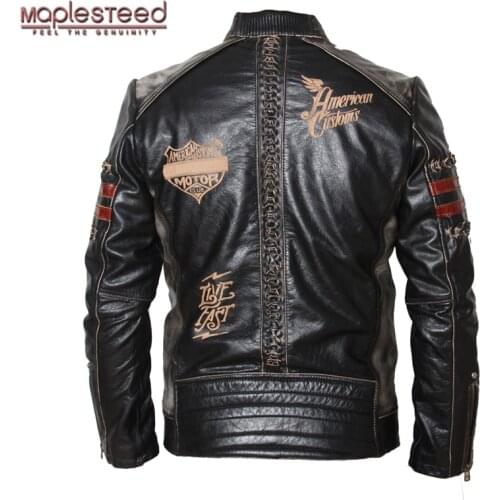 MAPLESTEED Motorcycle Jacket Mens Genuine Leather Jacket Cowhide Calf Skin Black Slim Mens Leather Jacket Male Biker Coat 094
